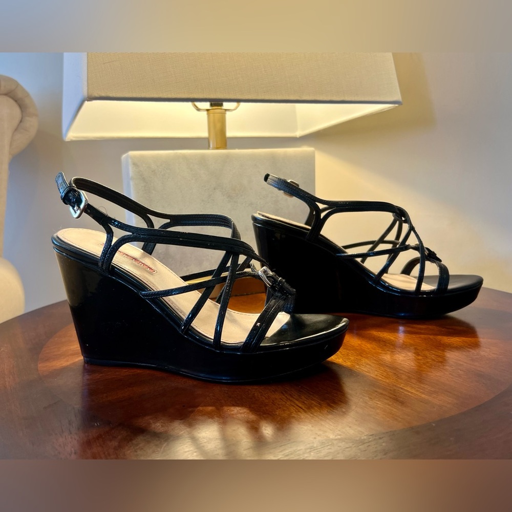 PRADA SPORT
Patent Leather Strappy Wedge Sandals